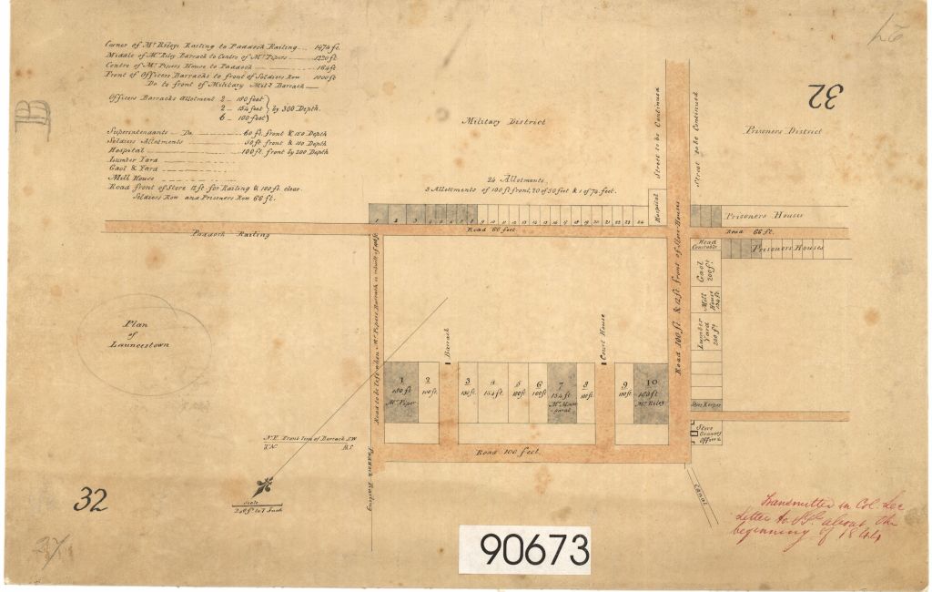 Sepia coloured map of Launceston in 1804. Shows a city block with stores and a prisoner's row.
