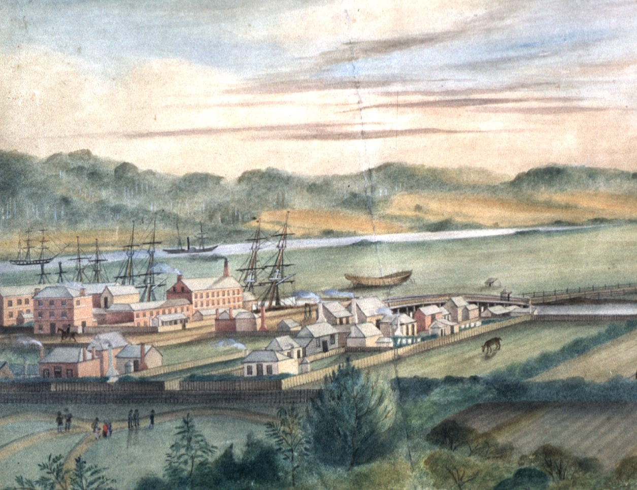 Painting of Launceston attributed to Sarah Fogg. View across the few stone buildings to the Tamar River. Ships can be seen on the river.