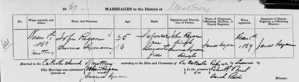 Record of the marriage between Emma Lynam and John Regan. It includes their ages, marital status, and details of witnesses.