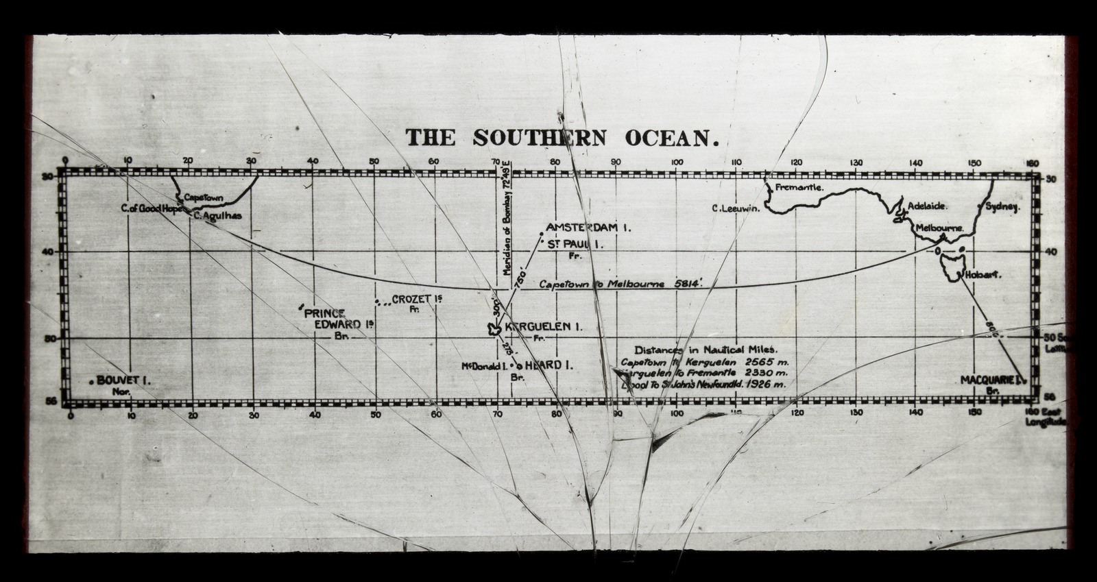 Historic map of the Southern Ocean showing shipping routes and sub-Antarctic islands, from an early twentieth-century map held by the State Library of Victoria.